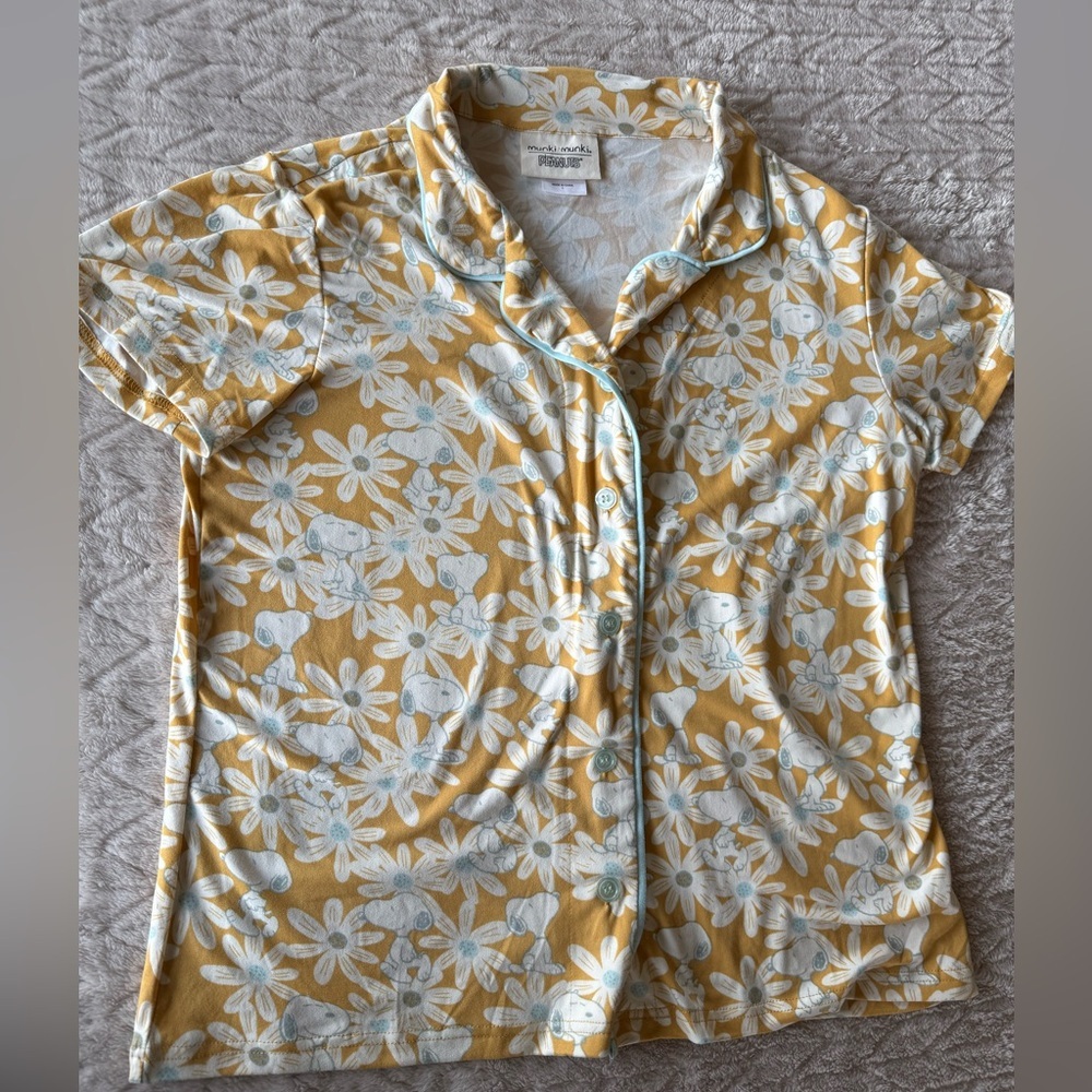 Munki Munki Peanuts Yellow Floral Button-Front Pajama Top with Light Blue Piping